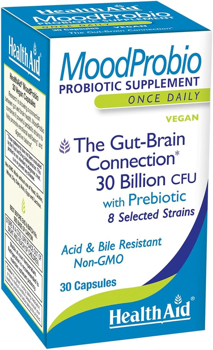 HealthAid MoodProbio 30 Ct 30 Billion CFU with Prebiotic 8 Selected Strains Once Daily Acid &amp Bile Resistant Gluten Dairy and GMO Free Vegan