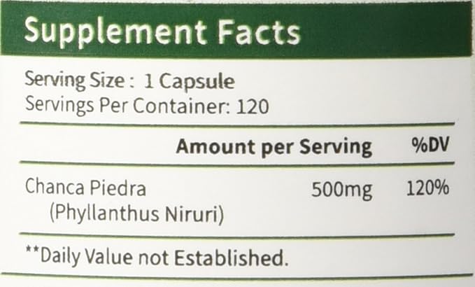 Chanca Piedra 500mg - 120 Plant-Based Capsules - Phyllanthus Niruri Herb Extract for Kidney &amp Gallbladder Support - Natural Urinary Tract Wellness - Non-GMO Made in USA