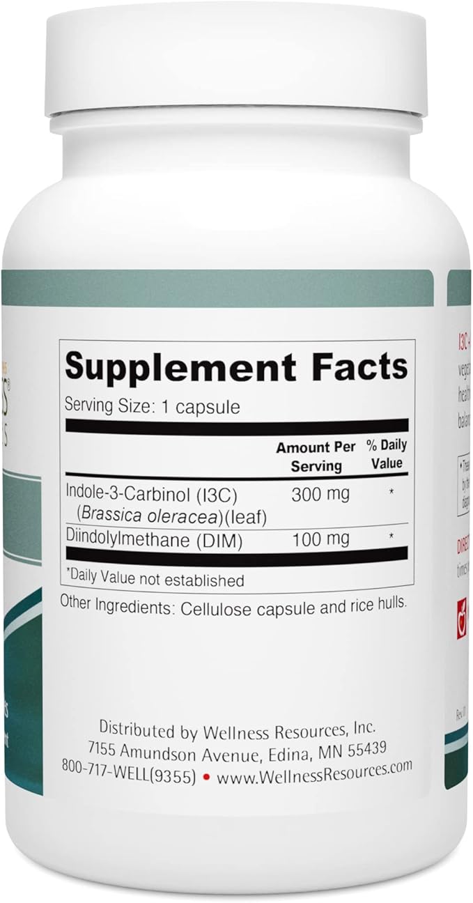 Wellness Resources I3C + DIM for Healthy Estrogen Metabolism Detoxification (60 Capsules) - 300mg I3C + 100mg DIM - Vegan Gluten-Free
