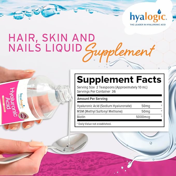 Hyalogic Liquid Hyaluronic Acid Supplement - Support for Healthy Hair Skin and Nails with 5000 mcg Biotin and 50mg MSM - Natural Hydration for the Whole Body - High Molecular Weight Formula - 12 oz