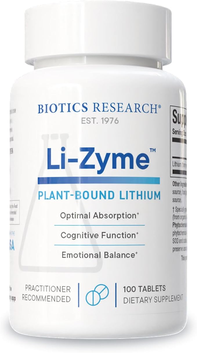 Biotics Research Li Zyme 50 micrograms Lithium as a Whole Food phytochemically Bound Lithium Highly bioavailable Supports Brain Function Memory and Mood Support 100 Tablets