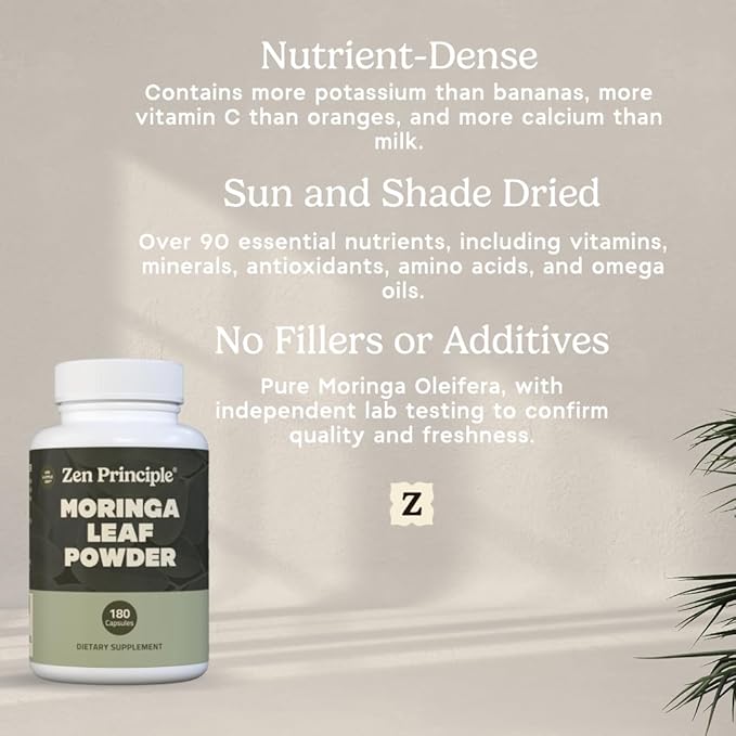 Zen Principle Organic Moringa Oleifera. Ultra-Premium. Provides an All Natural Energy Boost and Multi-Vitamin. A Raw Superfood Vegan No GMO and Gluten Free. 360 Capsules.