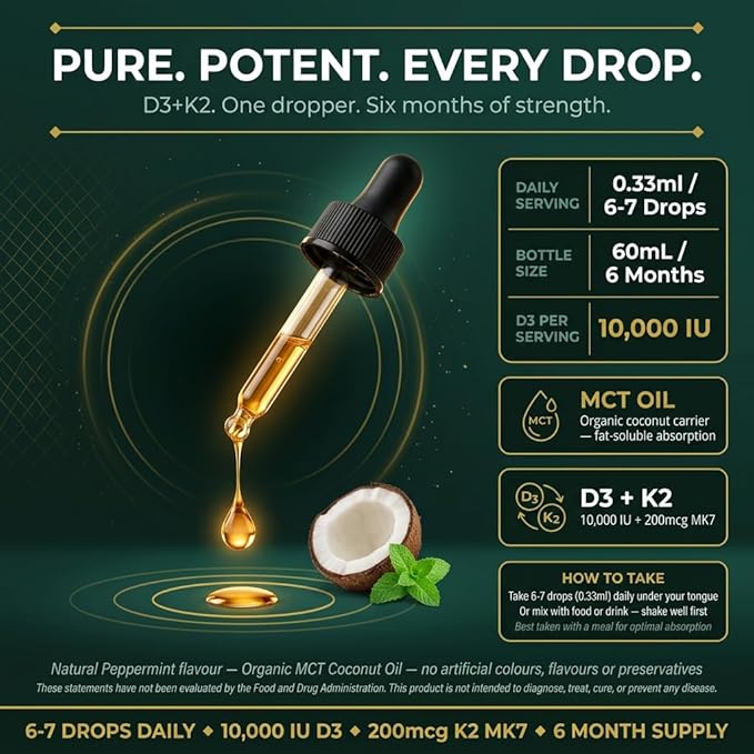 Vitamin D3 + K2 Drops 10000 IU D3 with 200mcg K2 (MK7) Peppermint Flavour Organic MCT Coconut Oil 60mL 6 Month Supply