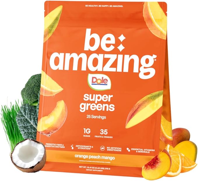 BE AMAZING Super Greens Powder with Prebiotics Digestive Enzymes &amp Antioxidants 35 Fruits &amp Veggies Electrolytes &amp Fiber Vegan Gluten Free Juice &amp Smoothie Mix Dole Orange Peach