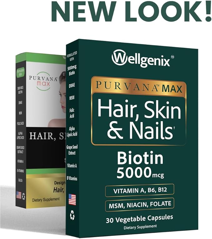 Wellgenix Purvana MAX Hair Skin and Nails Supplement – 5000mcg Biotin with MSM &amp B-Complex – Support for Thicker Hair Stronger Nails &amp Glowing Skin – 30 Veggie Capsules