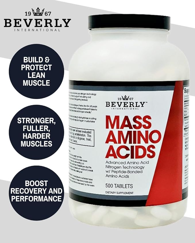 Beverly International Mass Amino Acids 500 Tabs. Use Pre-Post Workout with Meals Essential for Muscle Recovery and Repair. Complete Amino Acid Profile