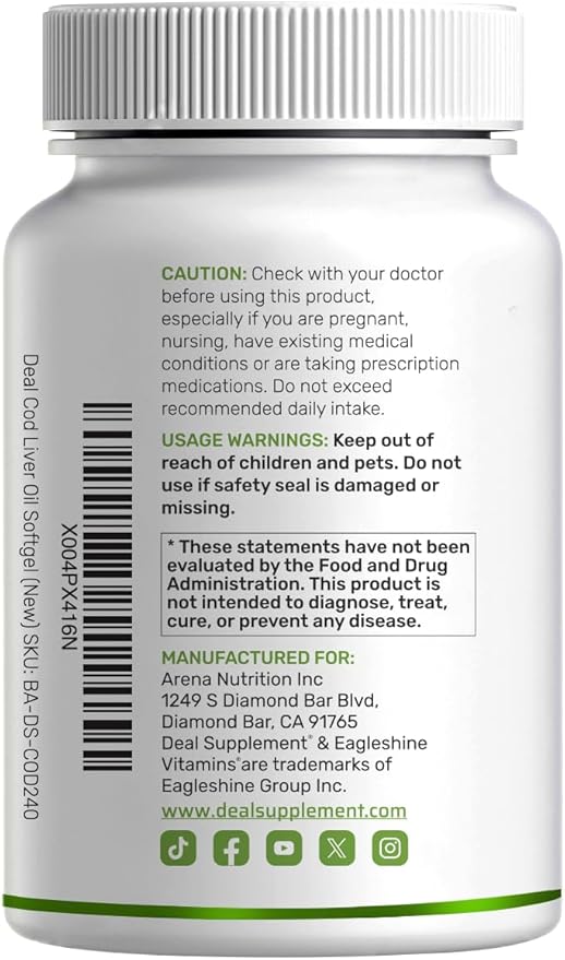 Wild Caught Cod Liver Oil 2000mg Per Serving 240 Softgels – Extra Strength EPA DHA Omega 3 with Vitamin D &amp A – Burpless Lemon Flavored – Vision Heart Brain &amp Immune Support