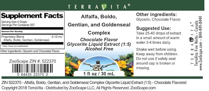 Terravita Alfalfa Boldo Gentian and Goldenseal Complex Glycerite Liquid Extract (1:5) - Chocolate Flavored (1 oz ZIN: 522370) - 3 Pack