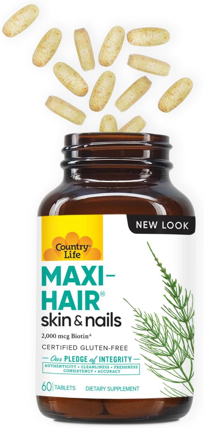 Country Life Maxi-Hair Supplement - 2000mcg Biotin &amp Vitamins for Hair Skin &amp Nails - Certified Gluten-Free &amp Vegetarian - Supports Hair Growth 60 Tablets (Pack of 2)