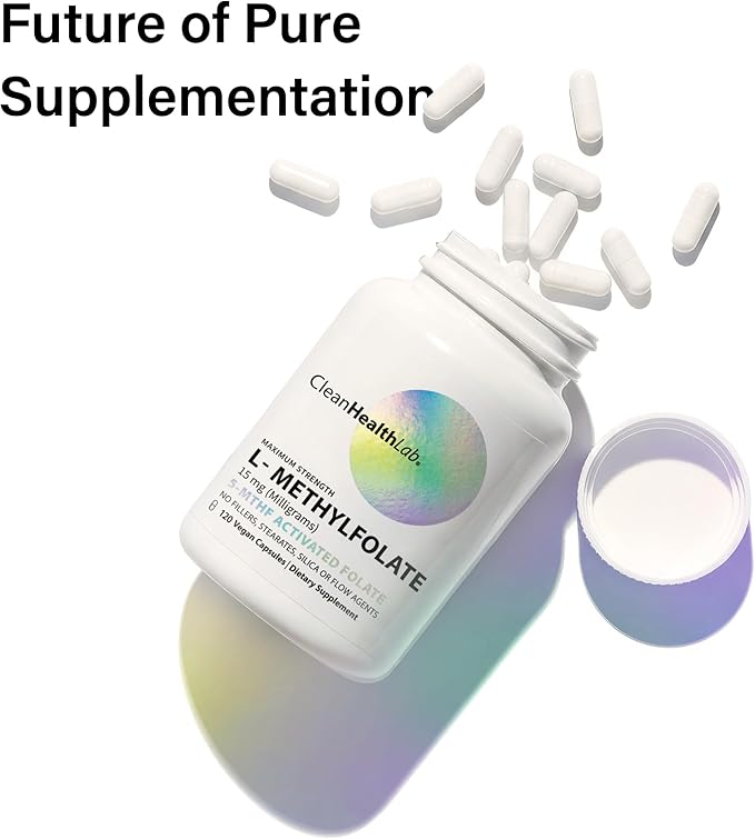 CleanHealthLab L-Methylfolate 15mg 5-MTHF Active Folate - Maximum Potency Methylated Vitamin B9 Supplement - Support for Brain Health Energy Nerves and Methylation with No Fillers (120 Count)