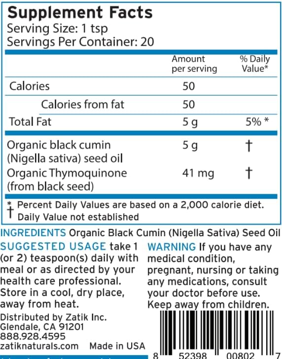 Zatik Naturals - Black Cumin Seed Oil Unrefined USDA Organic Cold-Pressed - Higher EFAs Natural Immune Booster and All-Natural Defense Mechanism. 3.38 fl oz (100mL)