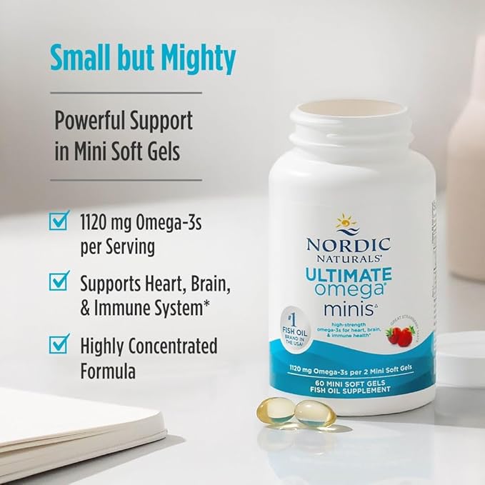 Nordic Naturals Ultimate Omega Minis Strawberry Flavor - 60 Minis Soft Gels - 1120 mg Omega-3 - High-Potency Fish Oil Supplement - EPA &amp DHA - Promotes Brain &amp Heart Health - 30 Servings