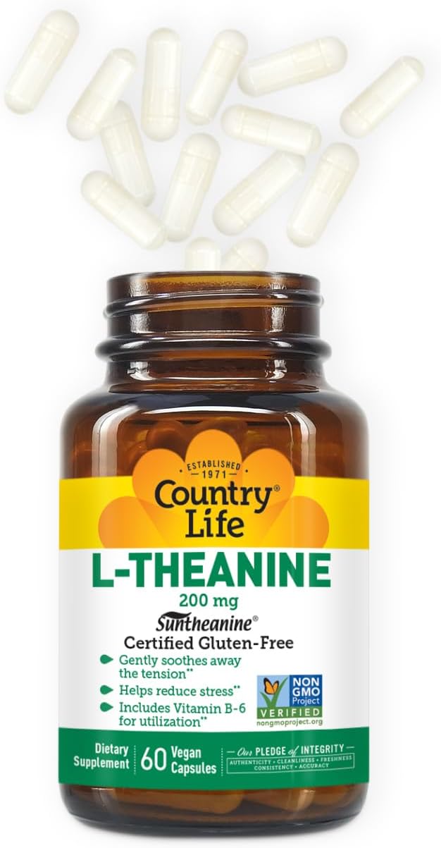 Country Life Suntheanine L-Theanine – 60 Vegan Capsules | Natural Stress Relief Supplement with Inositol | Promotes Relaxation Focus &amp Better Sleep | Certified Gluten-Free Non-Drowsy Formula