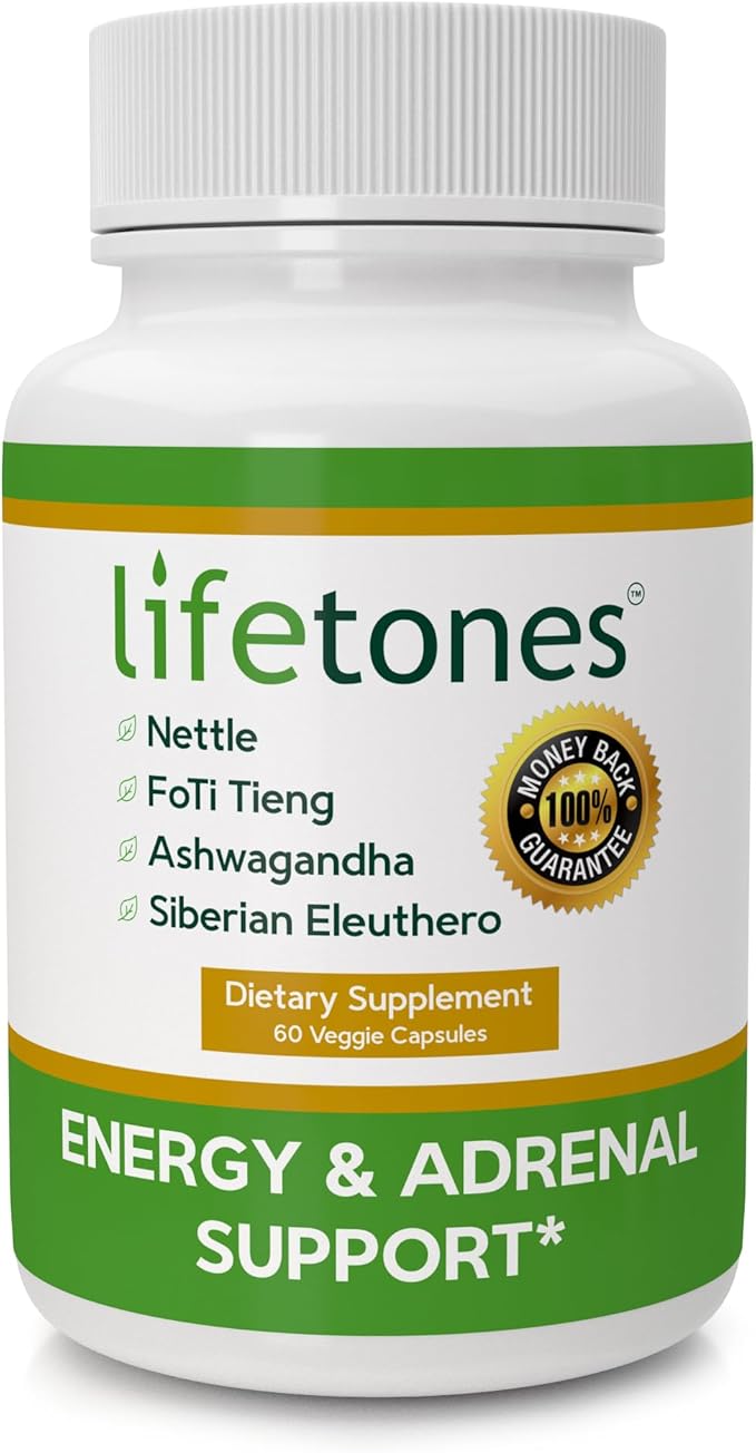 Life Tones Energy &amp Adrenal Support Capsules - Natural Energy Boost Stress Relief and Adrenal Health Formula - 60 Vegan Vitamins