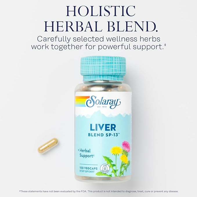 SOLARAY Liver Blend SP-13 and Vegan Betaine HCl with Pepsin - Wellness and Digestive Enzymes Bundle - Herbal Support w/Milk Thistle Dandelion - Betaine Hydrochloride for Gut Health 100/90 VegCaps