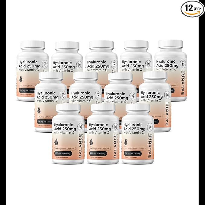 Pure Hyaluronic Acid Supplement 250mg with Vitamin C 50mg 120 Vegan Capsules - Skin Hydration for Natural Glow Hair Nails Bone &amp Joint Health Formula 120 Count (Pack of 12)