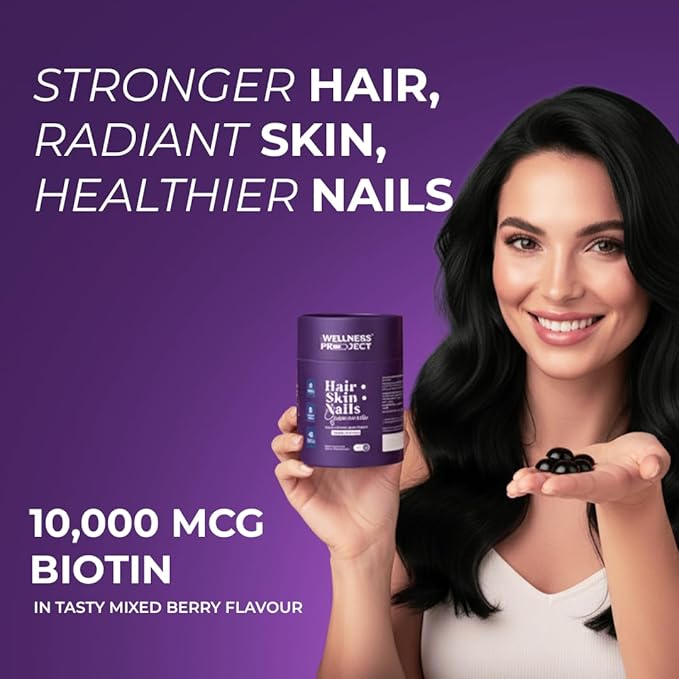 The Wellness Project 14-in-1 Hair Skin &amp Nails Gummies with 10000 mcg Biotin Keratin Hyaluronic &amp Folic Acid Vitamins A C B5 B6 &amp B12 &amp Sea Buckthorn | Tasty Mixed Berry Flavor