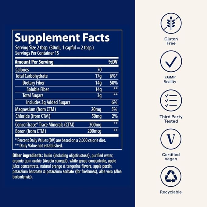 Trace Minerals Fiber 14g - Fiber Supplement for Colon Health &amp Digestive Support - Balanced Gut Flora - Liquid Supplement - Gluten-Free - Vegan - Orange Tangerine Flavor - 15 fl oz (15 Servings)