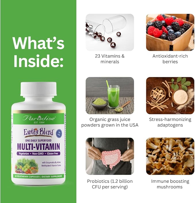 Paradise Herbs Earth's Blend Once Daily Multivitamin with Iron 48 Organic Superfoods Probiotics Antioxidants Vitamins A B12 C D K2 120 Capsules
