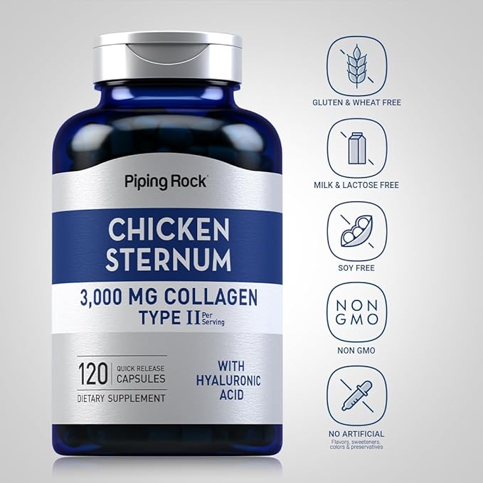 Piping Rock Chicken Sternum Type II Collagen Supplement | 3000mg | 120 Capsules | with Hyaluronic Acid | Non-GMO Gluten Free