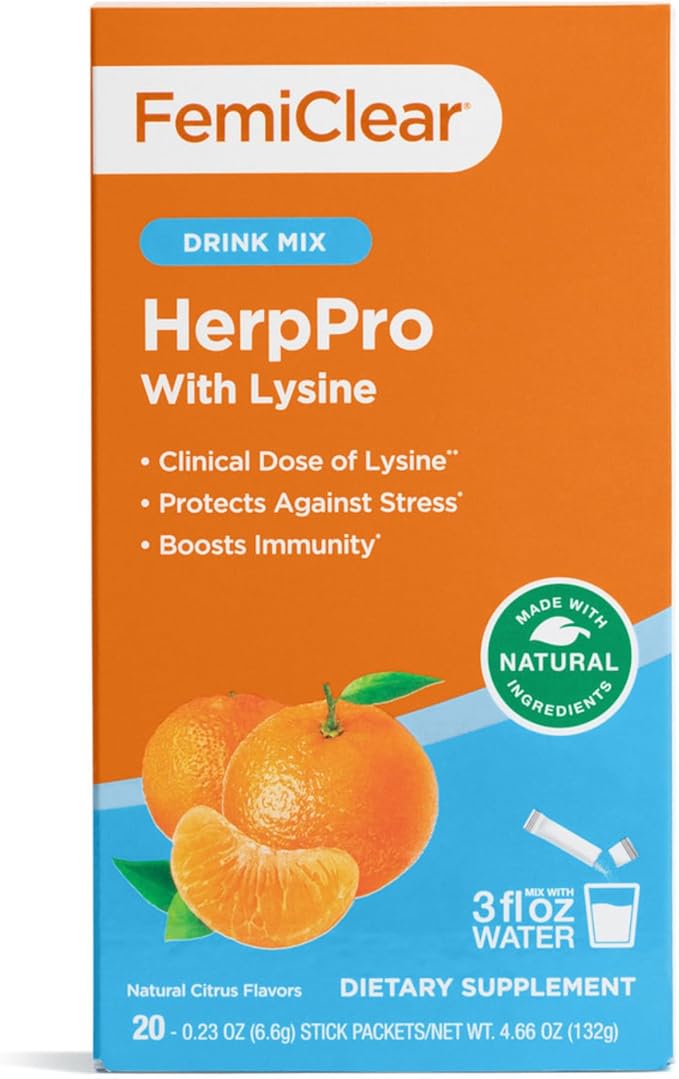 FemiClear HerpPro Drink Mix with L-Lysine 3000mg Zinc Vitamins A &amp C Ashwagandha Immunity &amp Stress Supplement for Women &amp Men 20 Stick Packets