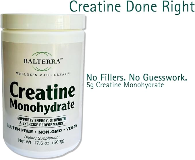 Creatine Monohydrate by Balterra – Muscle Strength &amp Recovery Supplement – Unflavored Powder 5 g per Serving 100 Servings (500 g)