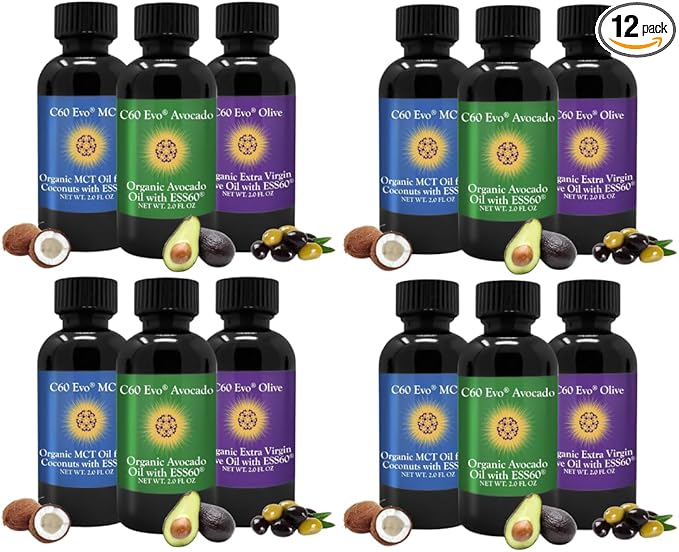 All-Natural Edible Oils Mini Oil Sampler Set with Pure C60 ESS60 Immune Support and Joint Support Supplement with Olive Oil Avocado Oil &amp MCT Coconut Oil Set of 12 2 Oz Each