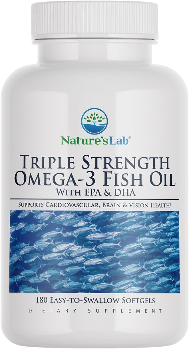 Nature's Lab Triple Strength Omega-3 Fish Oil with EPA &amp DHA - Supports Healthy Brain Function Cognitive Health &amp Circulation - 180 Softgels (3 Month Supply)