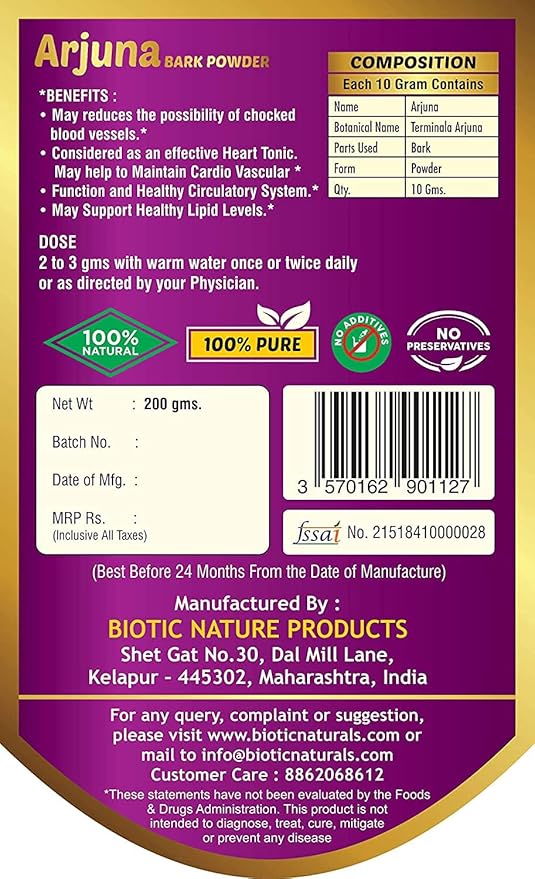 Astha Biotic Natural Arjuna Bark Powder (Terminalia Arjuna) - 200 g. | Herbal Powder for The Heart