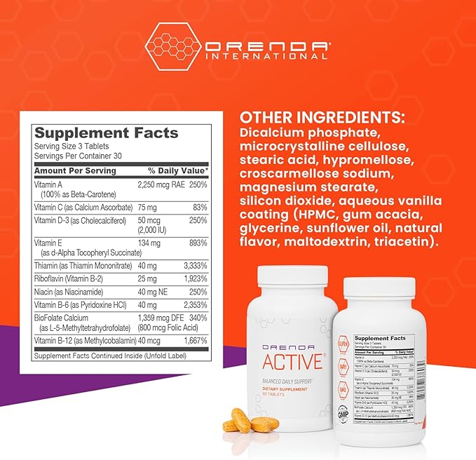 Orenda Active® | All 8 Forms Vitamin E BioFolate® &amp Young &amp Active™ Blend | Energy &amp Immune Support | Men &amp Women | 90 Tablets