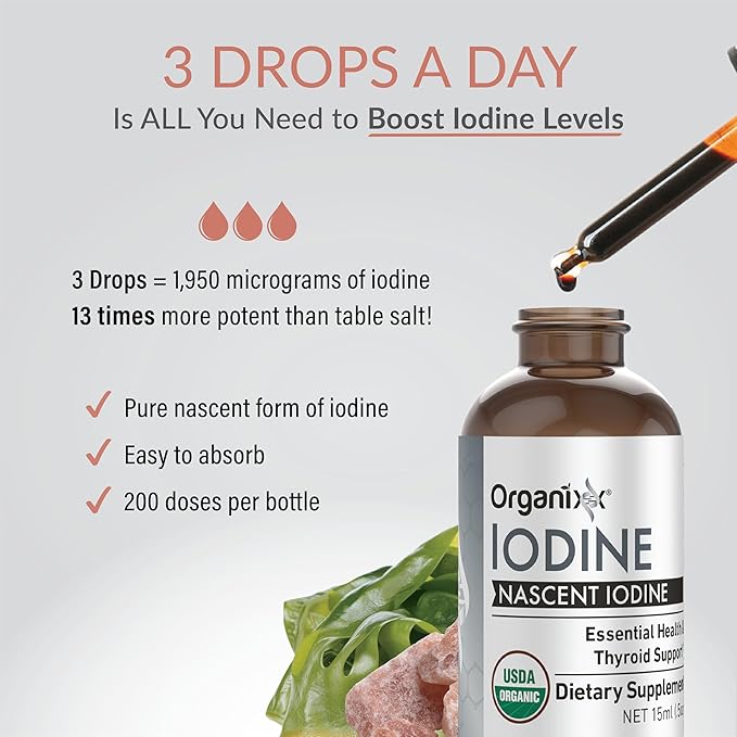 Organixx Iodine Supplement Organic Nascent Liquid Drops Pure Iodine Concentrate for Men and Women Gluten Free Vegan Non GMO American Made 15 ML 60 Servings
