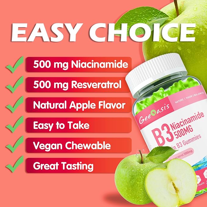 Niacinamide 500mg Gummies Chewable Vitamin B3 Supplement with Resveratrol 500mg High Potency Niacin for Antioxidant Skin &amp Brain Health Immune Support Vegan Apple Flavor 60 Count