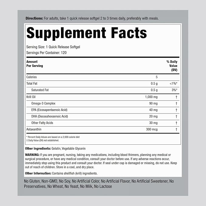 Piping Rock Krill Oil Omega 3 Softgel Capsules | 1000mg | 120 Count | EPA DHA Supplement with Astaxanthin | Maximum Strength | Non-GMO Gluten Free
