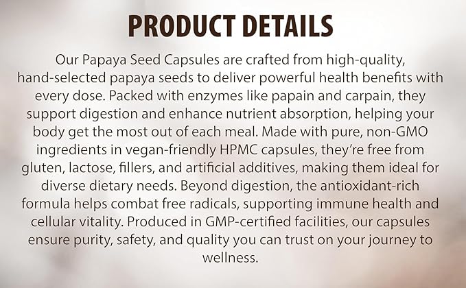 Papaya Seed Powder Capsules | High Papaya Enzyme (Papain) Content | Gluten &amp Lactose Free | Non-GMO | No Additives | Vegan | Nutritional Supplement | Quality Controlled (90 Capsules)