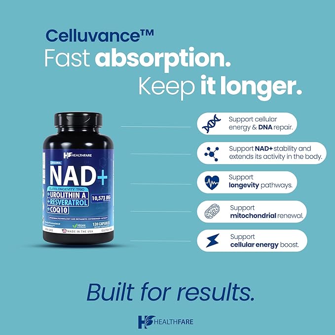 Healthfare 10573mg NAD Supplement Resveratrol CoQ10-120 Capsules NMN Alternative Liposomal High Absorption Formula | Betaine for Anti-Aging Extended Effects - Cellular Energy Skin for Women &amp
