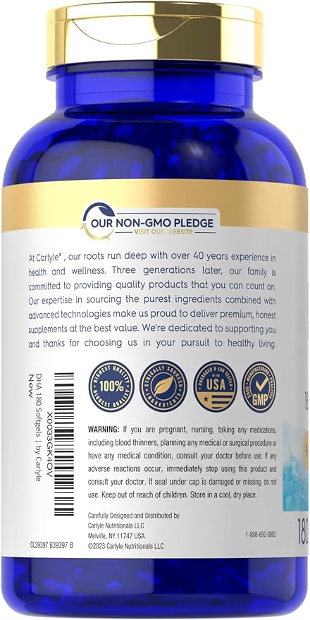 Carlyle DHA Supplement 1500mg | 180 Softgels | Omega-3 Supplement | Non-GMO Gluten Free