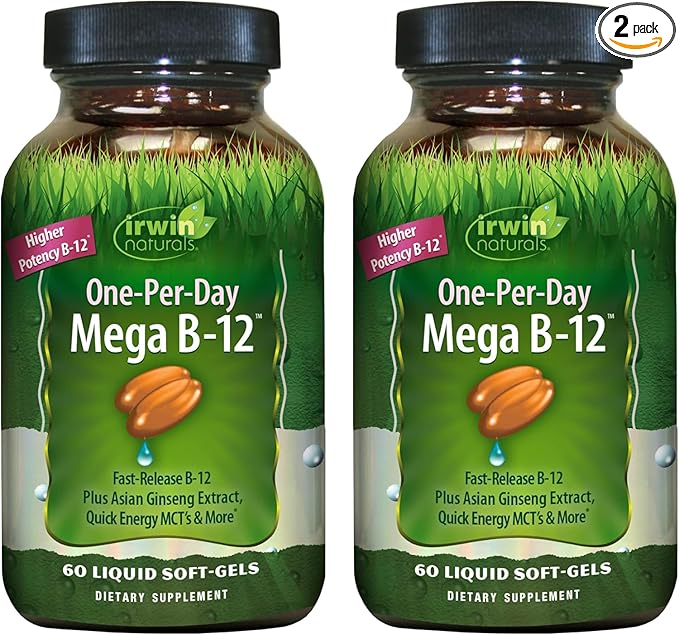 Irwin Naturals One-Per-Day Mega B-12 1500mcg High Potency Methylcobalamin Vitamin - Fast Enhanced Absorption with MCT + Asian Ginseng - Natural Energy Boost - 60 Liquid Softgels (Pack of 2)