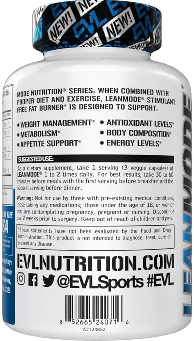 EVL Weight Loss Support Pills - Premium Multipurpose Appetite Metabolism and Fat Loss Support for Men and Women - LeanMode with Green Coffee Bean Extract CLA and Garcinia Cambogia - 50 Servings