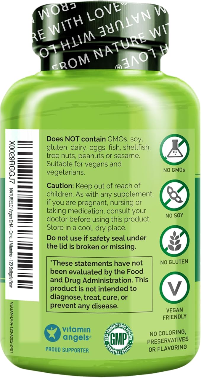 NATURELO Vegan DHA Vegan Omega 3 Supplement 120 Softgels Supports Brain/Heart/Eye Health Complements Prenatal Vitamins Essential Fatty Acids Omega 3 Supplement for Women &amp Men