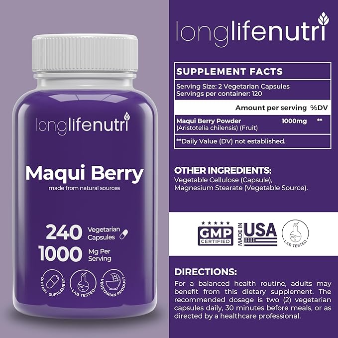 LongLifeNutri Alpha GPC 600 mg &amp Maqui Berry 1000 mg Bundle – 180 + 240 Veg Caps 3 &amp 4 Month Supplies Choline &amp Superfruit Antioxidant Support Non-GMO GMP Certified Made in USA