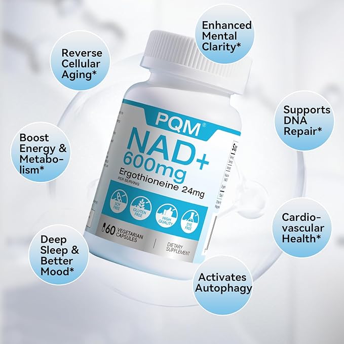 PQM NAD+ 600mg with Ergothioneine 24mg | Supports Cellular Energy Anti Aging &amp Vitality | 99% Pure NAD Supplement | 60 Vegetarian Capsules Third-Party Tested