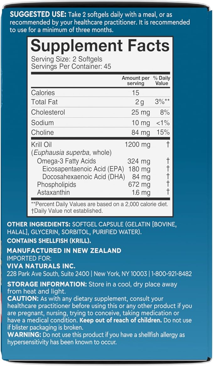 Viva Naturals Antarctic Krill Oil 1200 mg – Omega-3 DHA &amp EPA with Astaxanthin for Joint Health No Fish Burp 90 Softgels