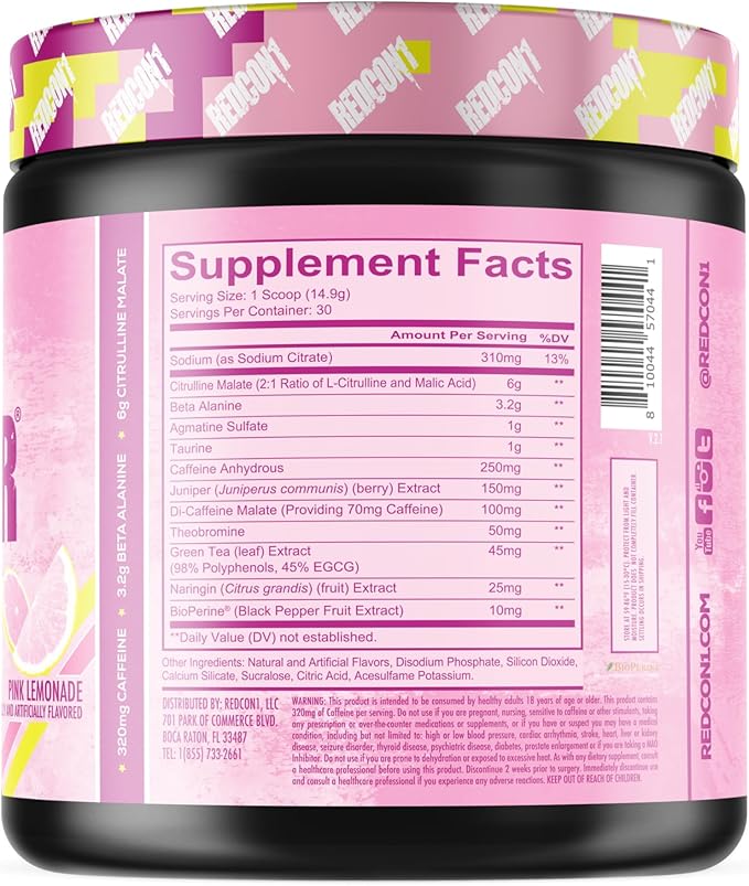 REDCON1 Total War Pre Workout - Beta Alanine + Citrulline Malate Keto Friendly Preworkout for Men &amp Women with 320mg of Caffeine - Fast Acting - Pink Lemonade (30 Servings)