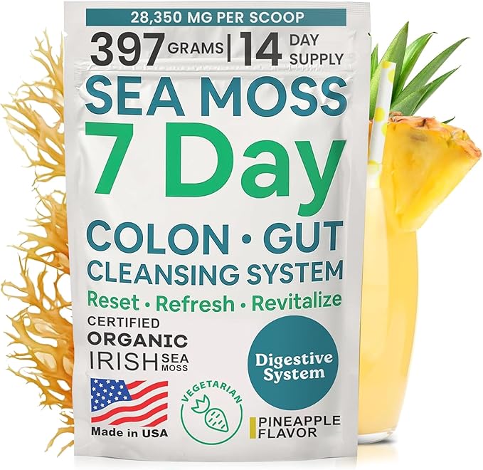 Atlantic Naturals Sea Moss 7-Colon Cleanse Powder | Formulated with Psyllium Husk Fiber &amp Senna Powder | Supports Immune &amp Gut Health for Women &amp Men Pineapple Flavor Drink Mix 14 oz