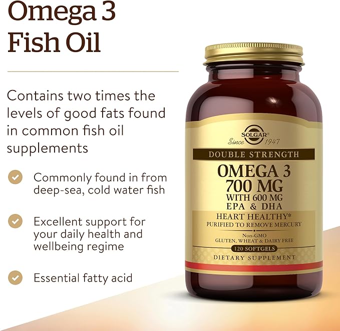 Solgar Double Strength Omega-3 700 mg 120 Softgels - Fish Oil Supplement - Support for Cardiovascular Joint &amp Cellular Health - Contains EPA &amp DHA Omega 3 Fatty Acids - Gluten Free - 120 Ser