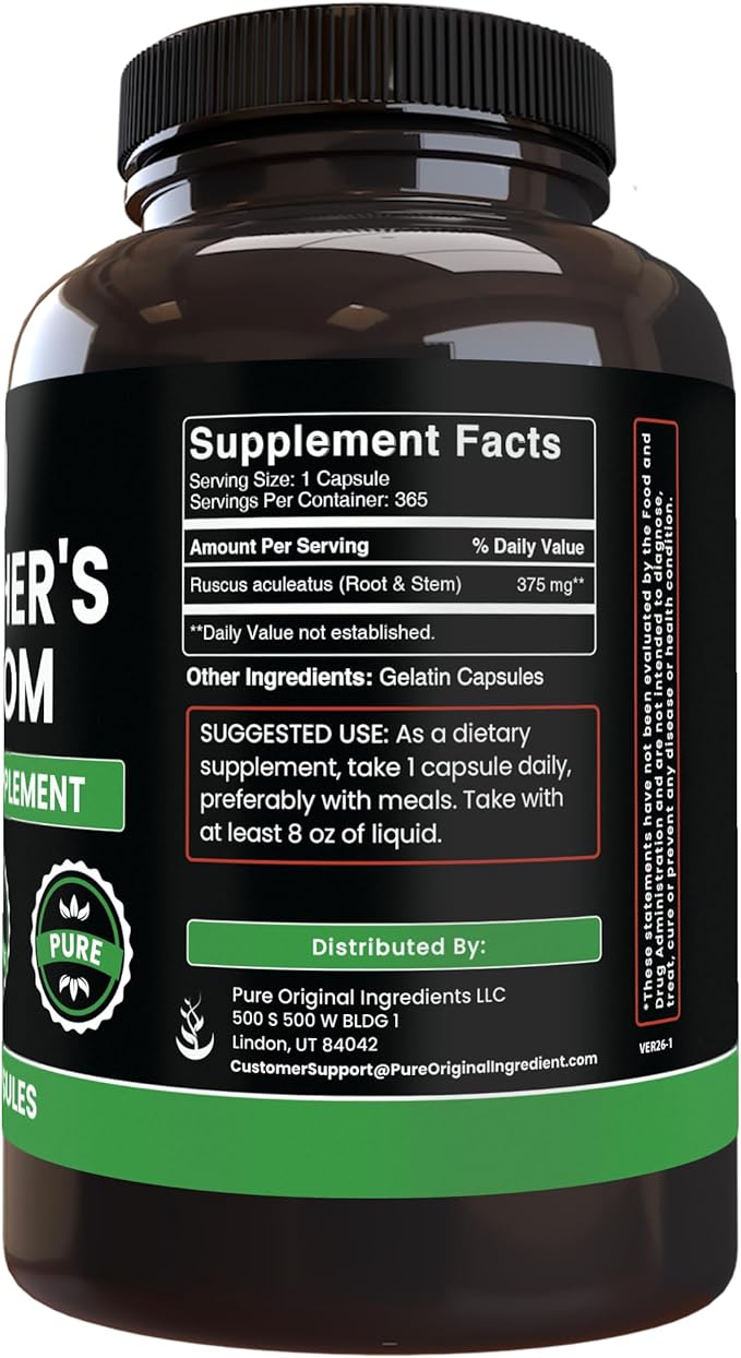 PURE ORIGINAL INGREDIENTS Butcher's Broom (365 Capsules) No Magnesium or Rice Fillers Always Pure Lab Verified