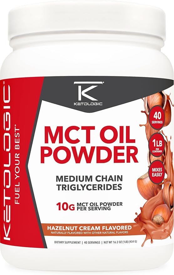 Ketologic MCT Oil Powder Hazelnut Cream (1 LB) – Keto Coffee Creamer &amp Energy Support – 41 Servings of Medium Chain Triglycerides for Focus &amp Fuel