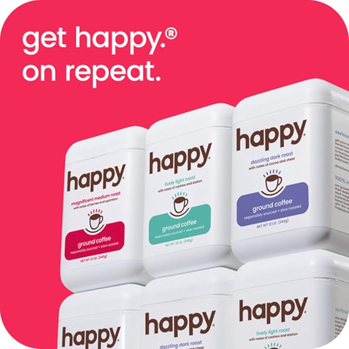 happy coffee medium roast ground coffee 12 oz. notes of berries &amp optimism recyclable container grown &amp harvested in Brazil &amp Colombia raíz sustainability verified (Pack of 2)