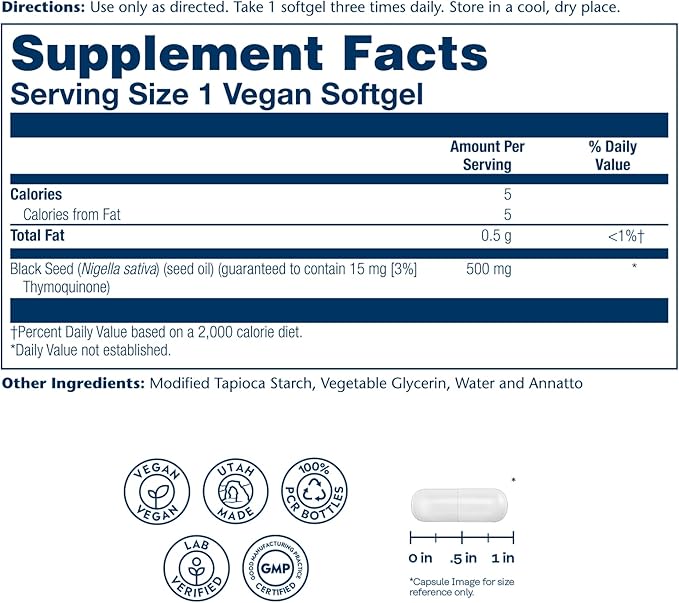 SOLARAY Black Seed Oil Supplements w/ 3% Thymoquinone - a.k.a. Black Cumin Seed Oil - Joint Health Support - Cold Pressed Vegan Lab Verified 60-Day Guarantee - 60 Softgels 60 Servings