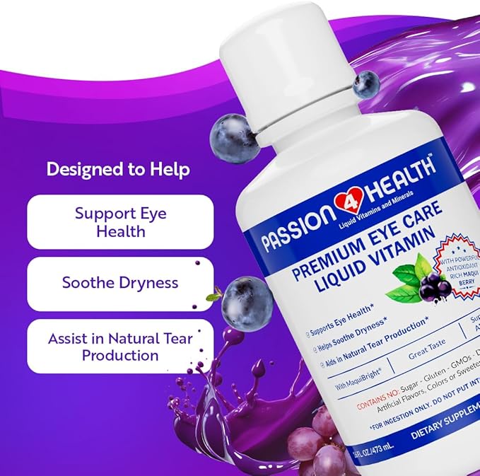 Passion 4 Health Liquid Eye Vitamins - Natural Vision &amp Adult Eye Care Supplement - Premium Support with Maqui Berry Extract Gluten-Free Non-GMO No Sugar - 30-Day Supply Made in USA